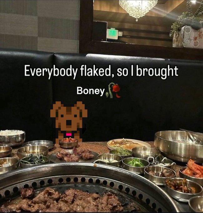 An edit of a meme of a dog at a dinner table. The meme features Boney.