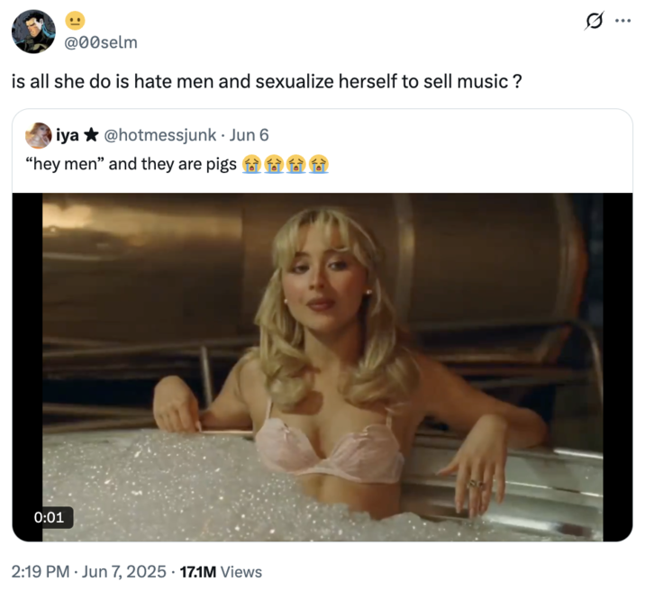 A "quote-tweet":https://knowyourmeme.com/memes/quote-retweets-qrts of the original "Hey Men" and They Are Pigs "tweet":https://knowyourmeme.com/memes/sites/twitter-x about a clip from the "Sabrina Carpenter":https://knowyourmeme.com/memes/people/sabrina-carpenter music video for her song "Manchild."