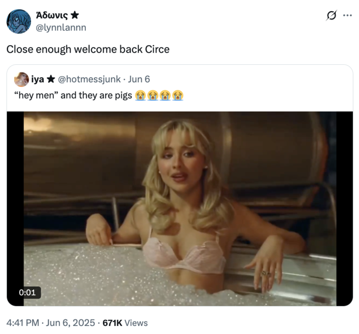 A "quote-tweet":https://knowyourmeme.com/memes/quote-retweets-qrts of the original "Hey Men" and They Are Pigs "tweet":https://knowyourmeme.com/memes/sites/twitter-x about a clip from the "Sabrina Carpenter":https://knowyourmeme.com/memes/people/sabrina-carpenter music video for her song "Manchild."
