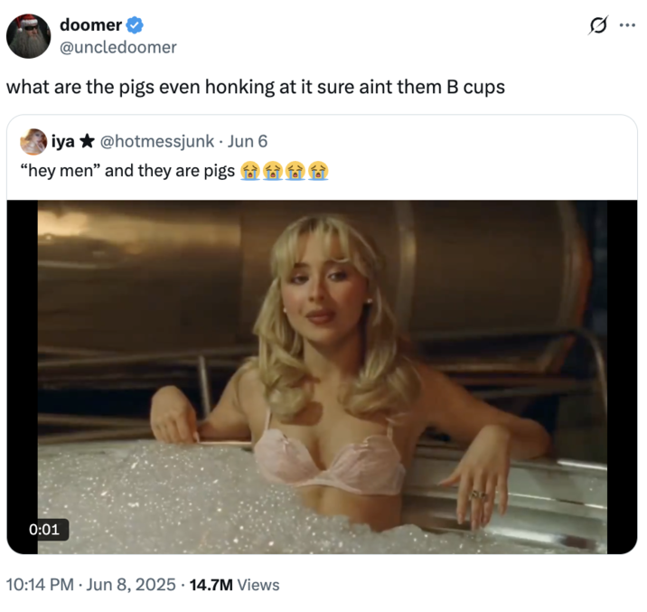 A "quote-tweet":https://knowyourmeme.com/memes/quote-retweets-qrts of the original "Hey Men" and They Are Pigs "tweet":https://knowyourmeme.com/memes/sites/twitter-x about a clip from the "Sabrina Carpenter":https://knowyourmeme.com/memes/people/sabrina-carpenter music video for her song "Manchild."