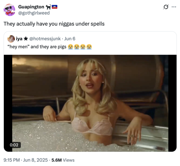 A "quote-tweet":https://knowyourmeme.com/memes/quote-retweets-qrts of the original "Hey Men" and They Are Pigs "tweet":https://knowyourmeme.com/memes/sites/twitter-x about a clip from the "Sabrina Carpenter":https://knowyourmeme.com/memes/people/sabrina-carpenter music video for her song "Manchild."
