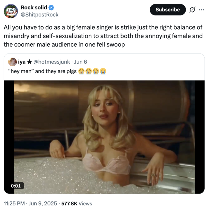 A "quote-tweet":https://knowyourmeme.com/memes/quote-retweets-qrts of the original "Hey Men" and They Are Pigs "tweet":https://knowyourmeme.com/memes/sites/twitter-x about a clip from the "Sabrina Carpenter":https://knowyourmeme.com/memes/people/sabrina-carpenter music video for her song "Manchild."