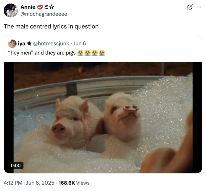 A "quote-tweet":https://knowyourmeme.com/memes/quote-retweets-qrts of the original "Hey Men" and They Are Pigs "tweet":https://knowyourmeme.com/memes/sites/twitter-x about a clip from the "Sabrina Carpenter":https://knowyourmeme.com/memes/people/sabrina-carpenter music video for her song "Manchild."