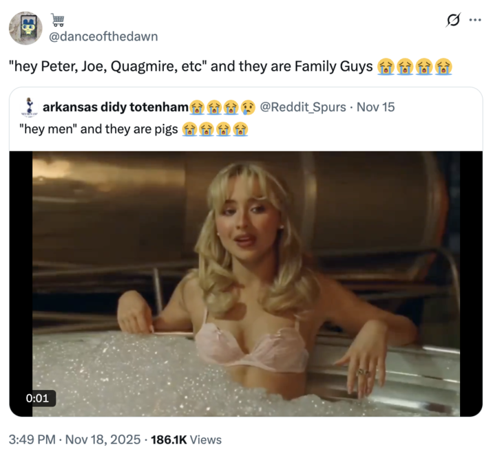 A "quote-tweet":https://knowyourmeme.com/memes/quote-retweets-qrts of the a "Hey Men" and They Are Pigs "tweet":https://knowyourmeme.com/memes/sites/twitter-x about a clip from the "Sabrina Carpenter":https://knowyourmeme.com/memes/people/sabrina-carpenter music video for her song "Manchild."