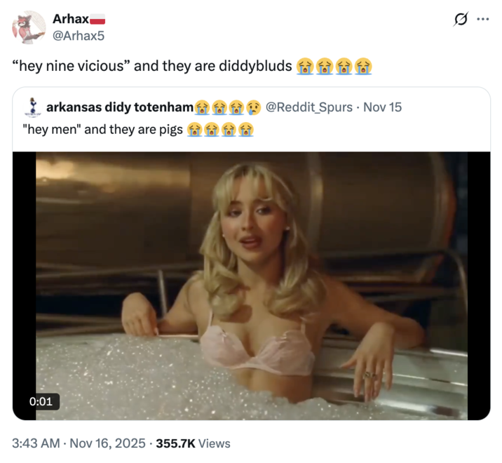A "quote-tweet":https://knowyourmeme.com/memes/quote-retweets-qrts of the a "Hey Men" and They Are Pigs "tweet":https://knowyourmeme.com/memes/sites/twitter-x about a clip from the "Sabrina Carpenter":https://knowyourmeme.com/memes/people/sabrina-carpenter music video for her song "Manchild."