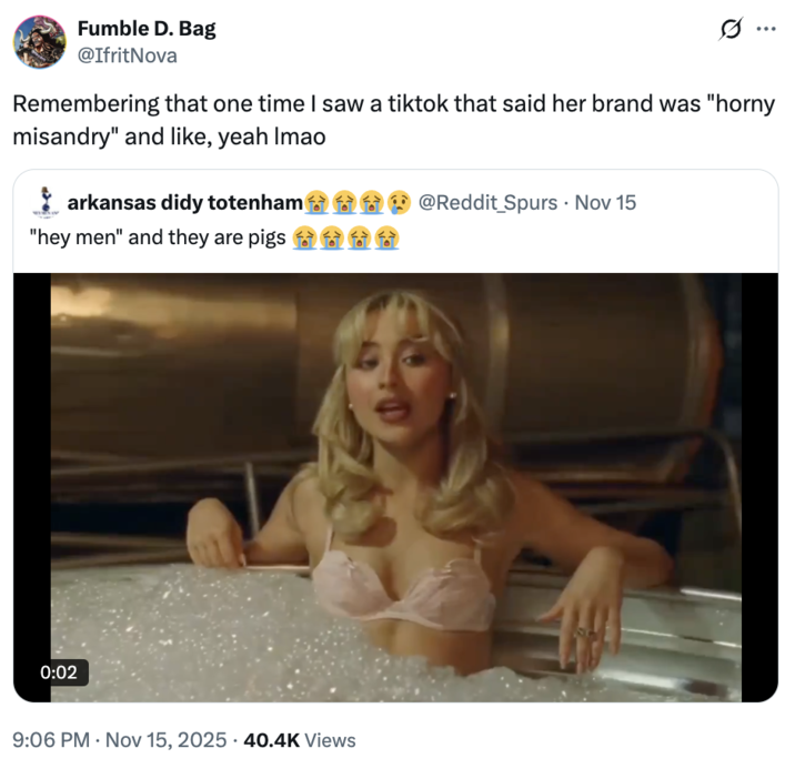 A "quote-tweet":https://knowyourmeme.com/memes/quote-retweets-qrts of a "Hey Men" and They Are Pigs "tweet":https://knowyourmeme.com/memes/sites/twitter-x about a clip from the "Sabrina Carpenter":https://knowyourmeme.com/memes/people/sabrina-carpenter music video for her song "Manchild."