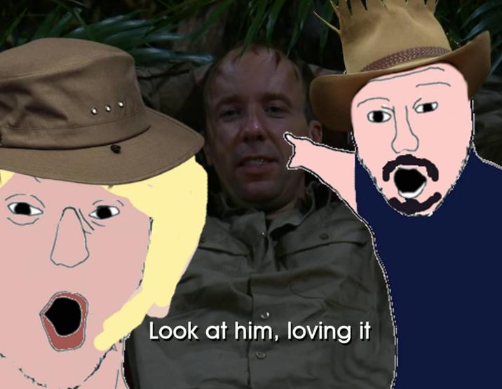 Soyjaks of Sue Cleaver (Eileen Grimshaw in Coronation Street) and Boy George pointing at Matt Hancock (Health Secretary during the COVID-19 pandemic) during the 2022 series of I'm a Celebrity...Get Me Out of Here! UK.