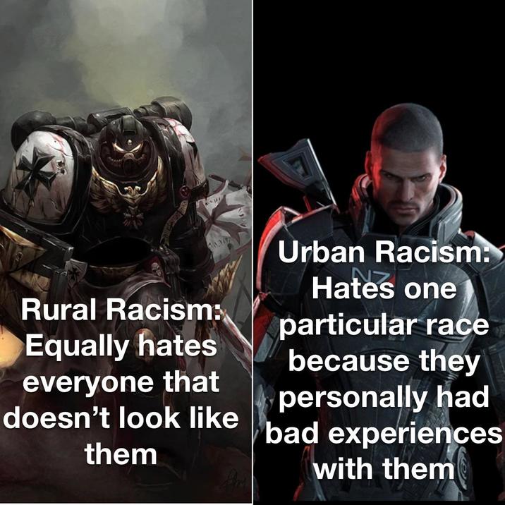 Rural Racism: Equally hates everyone that Urban Racism: N Hates one particular race because they personally had doesn't look like bad experiences them with them