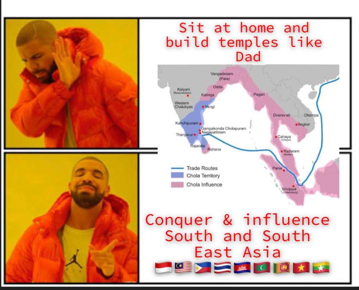 Sit at home and build temples like Vangadesam (Pala) Dad Odda Kalyani (Basavakalyan) Kalinga Western Chalukyas Vengl Pagan Dvaravati Champa Kanchipuram Angkor Thanjavur Nagapattinam Gangaikonda Cholapuram Cahaya Chaya Rajarata Rohana Trade Routes Pana Chola Territory Chola Influence Kadaram Srivijaya Conquer & influence South and South East Asia **