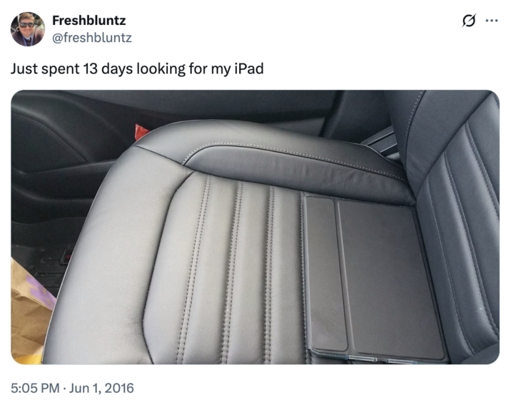 The original "tweet":https://knowyourmeme.com/memes/sites/twitter-x showing an "iPad":https://knowyourmeme.com/memes/subcultures/ipad on a car seat, blending into the black leather due to the cover over the tablet's screen." The tweet was copied by several content stealers in the following years, proving to be "Engagement Bait":https://knowyourmeme.com/memes/engagement-bait.