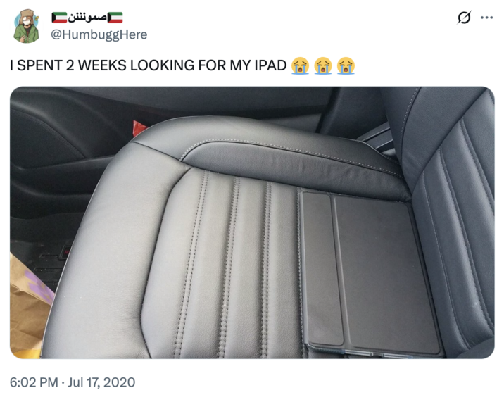 A stolen "tweet":https://knowyourmeme.com/memes/sites/twitter-x of the original "Just spent 13 days looking for my iPad" post from 2016.