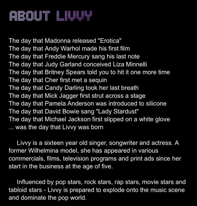 Archived screenshots from journalist Olivia Nuzzi's former MySpace page where she posed under the popstar persona "Livvy."