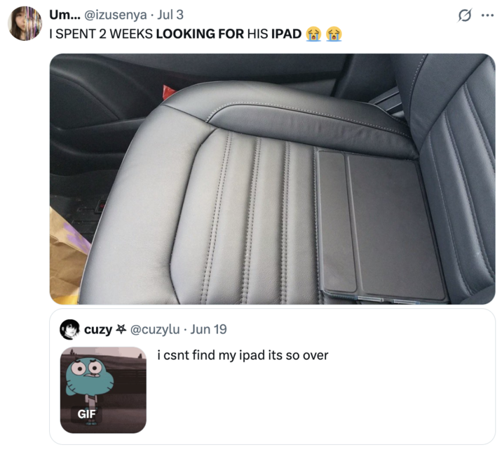 A "parody":https://knowyourmeme.com/memes/cultures/parody-spoof of the "I Spent Weeks Looking for My iPad" "tweet":https://knowyourmeme.com/memes/sites/twitter-x, mocking it for being "Engagement Bait":https://knowyourmeme.com/memes/engagement-bait.