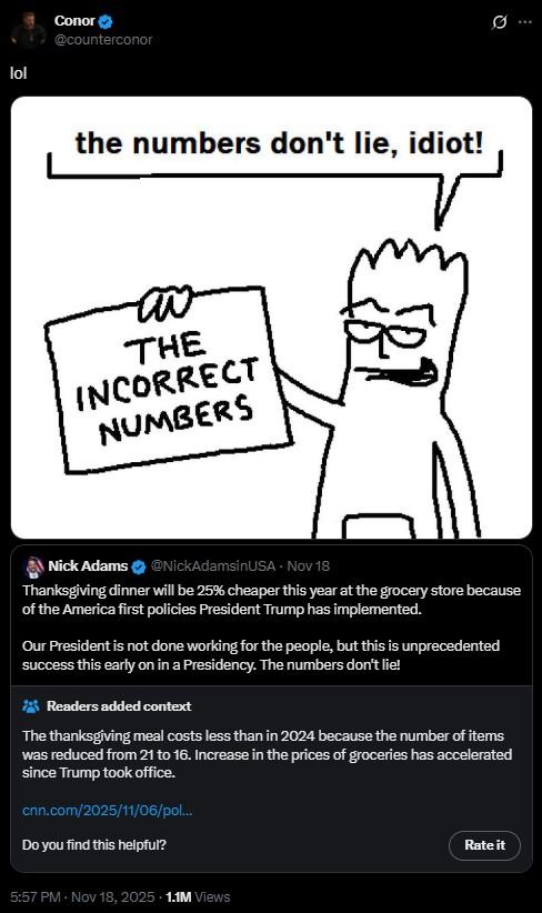 A meme refuting the idea that Thanksgiving dinner 2025 will be cheap because of Trump.