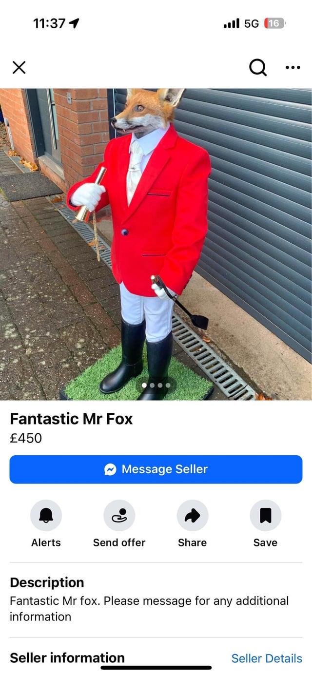 ☑ 11:37 1 Ill 5G (16 Fantastic Mr Fox £450 Q Message Seller Alerts Send offer Share Save Description Fantastic Mr fox. Please message for any additional information Seller information Seller Details