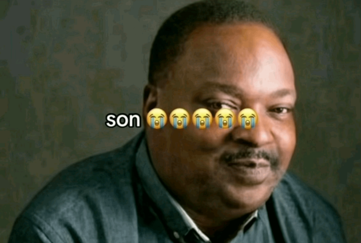 An "image macro":https://knowyourmeme.com/memes/image-macros showing actor "Anthony Mackie smirking":https://knowyourmeme.com/memes/anthony-mackies-smirk and a "TikTok":https://knowyourmeme.com/memes/sites/tiktok text overlay caption, reading, "Son 😭😭😭😭😭."