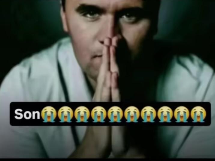 A "Son" meme with "Loudly Crying Face" "emojis":https://knowyourmeme.com/memes/emoji, showing "Charlie Kirk":https://knowyourmeme.com/memes/people/charlie-kirk praying.