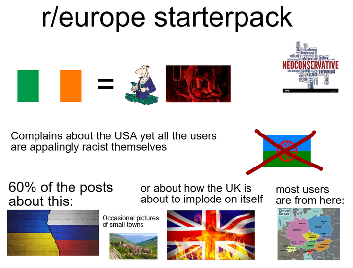 r/europe starterpack military democracy interventions policy NEOCONSERVATIVE free market powergovernment power system Society Complains about the USA yet all the users are appalingly racist themselves 60% of the posts about this: or about how the UK is about to implode on itself Occasional pictures of small towns most users are from here: Central Europe POLAND CZECH REPUBLIC SLOVAKIA LIECHTENSTEIN AUSTRIA SWITZERLAND HUNGARY