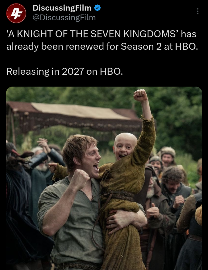 4 DiscussingFilm ❤ @DiscussingFilm 'A KNIGHT OF THE SEVEN KINGDOMS' has already been renewed for Season 2 at HBO. Releasing in 2027 on HBO.
