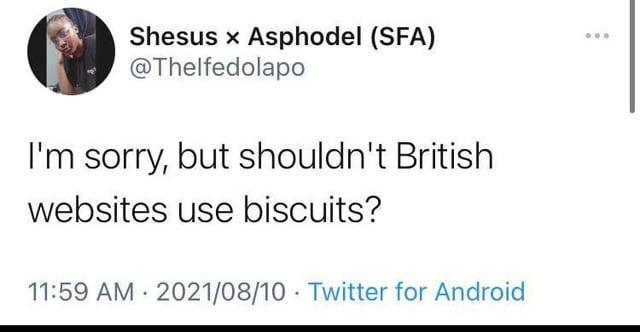 Shesus x Asphodel (SFA) @Thelfedolapo I'm sorry, but shouldn't British websites use biscuits? 11:59 AM 2021/08/10 Twitter for Android