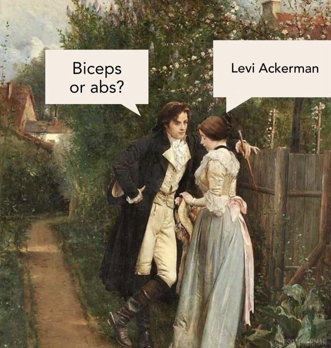 An edit of the "biceps or abs" meme. In the meme, the woman desires Levi Ackerman from Attack on Titan.
