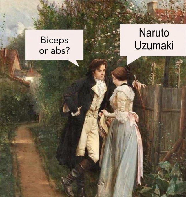An edit of the "biceps or abs" meme. In the meme, the woman desires Naruto.