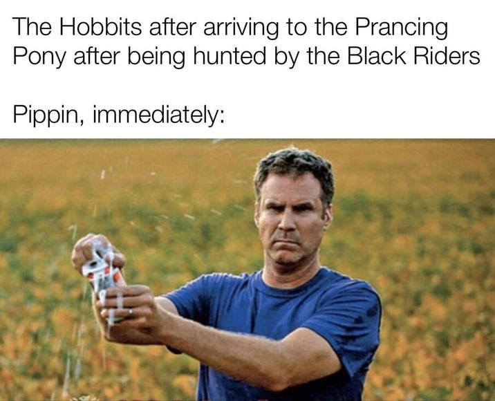 The Hobbits after arriving to the Prancing. Pony after being hunted by the Black Riders. Pippin, immediately: