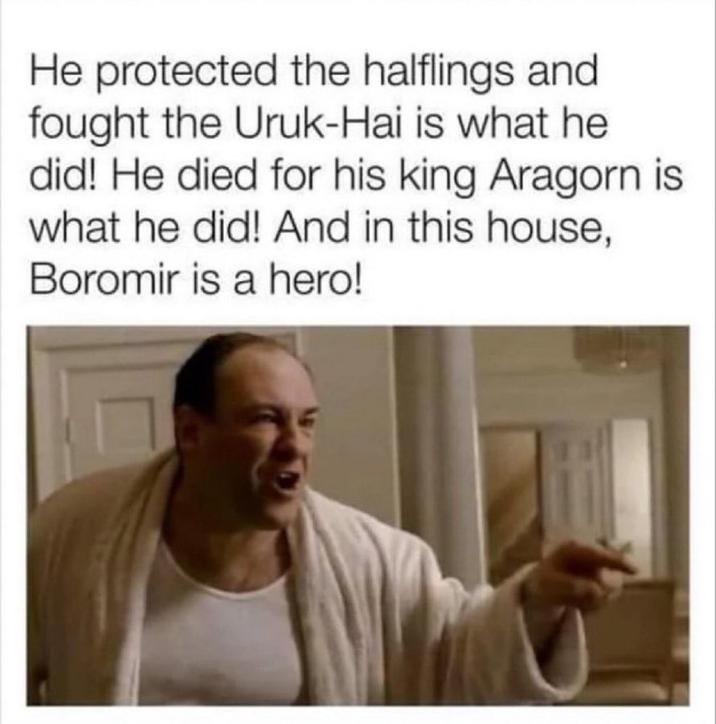 He protected the halflings and fought the Uruk-Hai is what he did! He died for his king Aragorn is what he did! And in this house, Boromir is a hero!