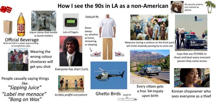 4040 OLDE ENGLISH How I see the 90s in LA as a non-American No security systems, just chained-up pitbulls Liquor stores that double Lots of Pagers as bomb shelters Official Beverage Must be held in a paper bag according to Comptonian Laws Wearing the wrong colour shoelaces will get you shot People casually saying things like: "Sipping Juice" "Label me menace" "Bang on Wax" Default fit: Shoes always on, whether at home, showering, or sleeping Mexicans having a cookout on the front yard, will invite anybody passing by to come eat Cops that are ITCHING to shoot and beat every innocent person they come across Everyone has Jheri Curls LAPD Scribbly graffiti everywhere Ghetto Birds weed lol Every citizen gets a free '64 impala upon birth Korean shopowner who sees everyone as a thief