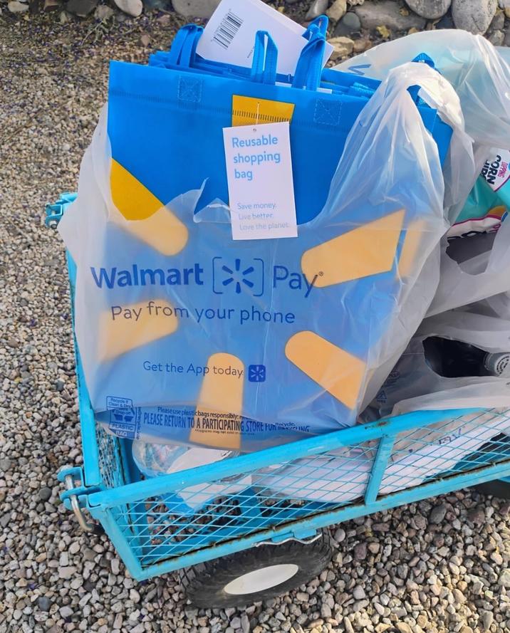 Reusable shopping bag Save money. Live better. Love the planet. Walmart Pay Pay from your phone Get the App today cycle if & Dry PLASTIC Please use plastic bags responsibly: PLEASE RETURN TO A PARTICIPATING STORE FUNING Programs may not exist in your area BAG CORN