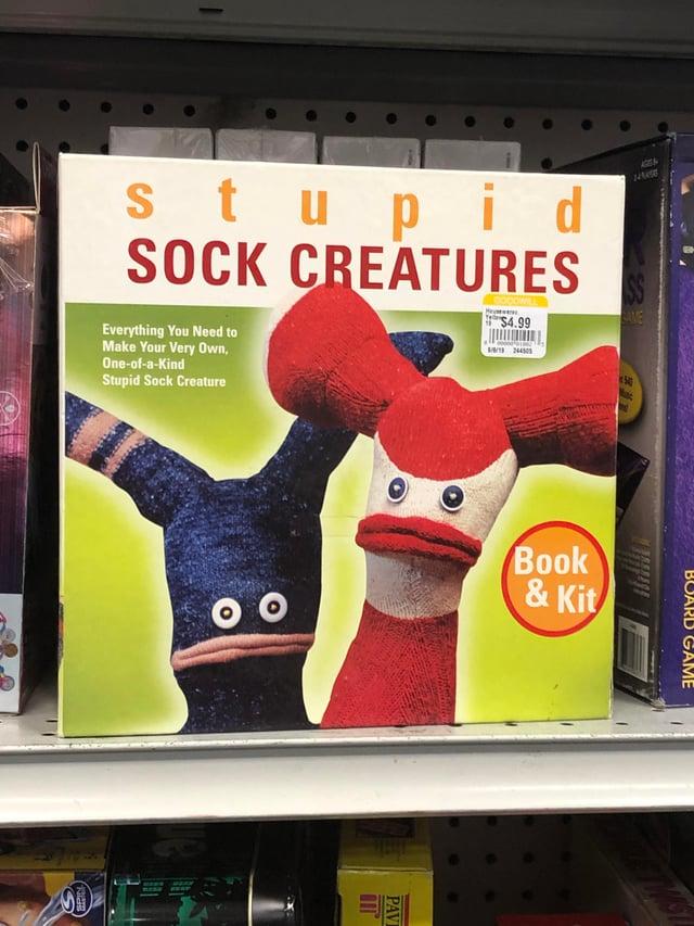 RGA OLGA AGES 64 1-4 PLAYERS SS CAME stupid SOCK CREATURES Everything You Need to Make Your Very Own, One-of-a-Kind Stupid Sock Creature GOODWILL Housewarsc Yellow 19$4.99 00000 01082 9/8/19 244505 540 Music 品質機 oo Book & Kit SPIN MASTER S PAVI GAME ETWIS