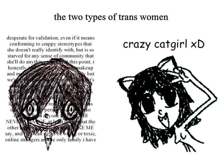 the two types of trans women desperate for validation, even if it means conforming to crappy stereotypes that she doesn't really identify with, but is so starved for any sense of community that she'll do anythin honestly and m we' this point, i makeup but crazy catgirl xD NEVAJAGI other say, and rea pers SO yone {'ll what the KE ME or toxic, ican never be online strangers are the only family i have