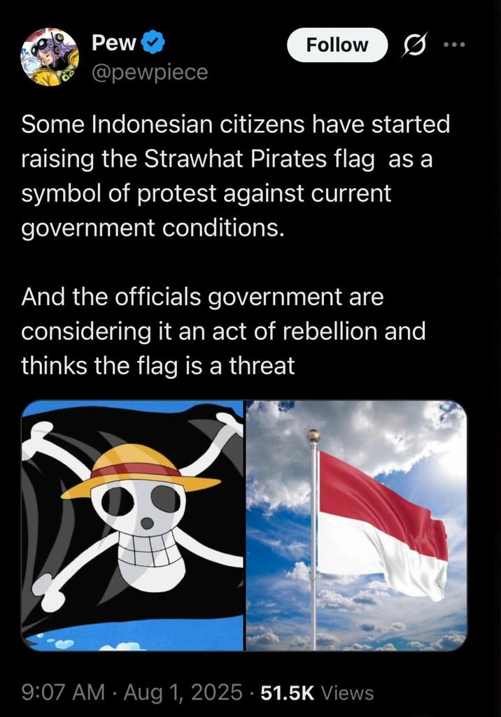 Pew Follow @pewpiece Some Indonesian citizens have started raising the Strawhat Pirates flag as a symbol of protest against current government conditions. And the officials government are considering it an act of rebellion and thinks the flag is a threat 9:07 AM Aug 1, 2025 51.5K Views •