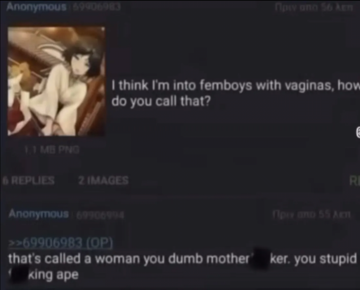 Anonymous 59906983 Пp and 56 Aen I think I'm into femboys with vaginas, how do you call that? 1.1 MB PNG 6 REPLIES 2 IMAGES Anonymous 69906994 >>69906983 (OP) Пpy and 55 Arm RI that's called a woman you dumb mother ker. you stupid king ape