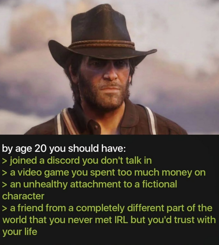 by age 20 you should have: > joined a discord you don't talk in > a video game you spent too much money on > an unhealthy attachment to a fictional character > a friend from a completely different part of the world that you never met IRL but you'd trust with your life