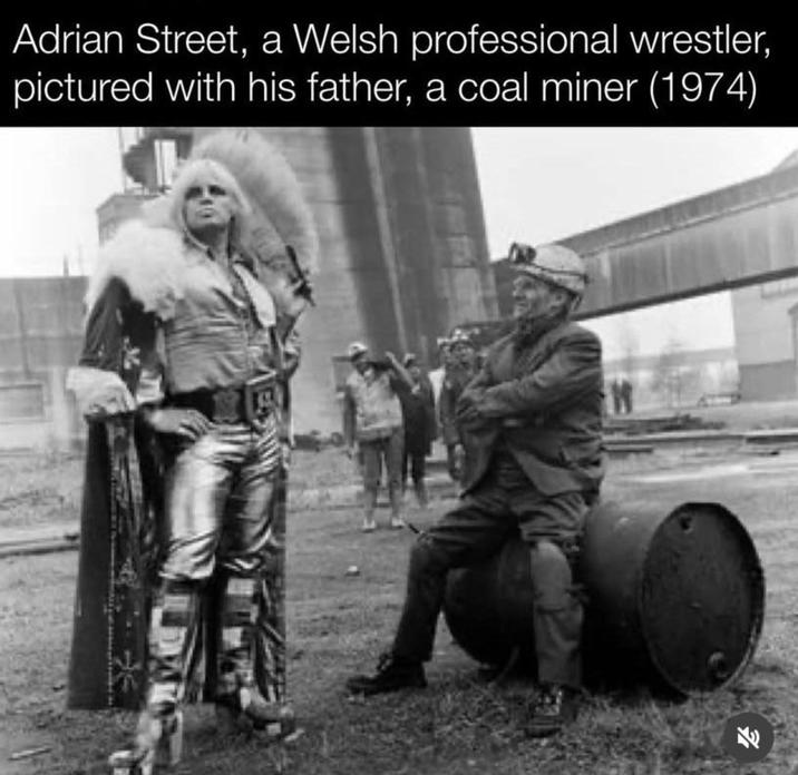 Adrian Street, a Welsh professional wrestler, pictured with his father, a coal miner (1974) 71