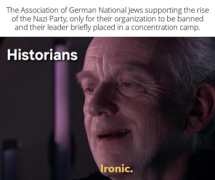 The Association of German National Jews supporting the rise of the Nazi Party, only for their organization to be banned and their leader briefly placed in a concentration camp. Historians Ironic.