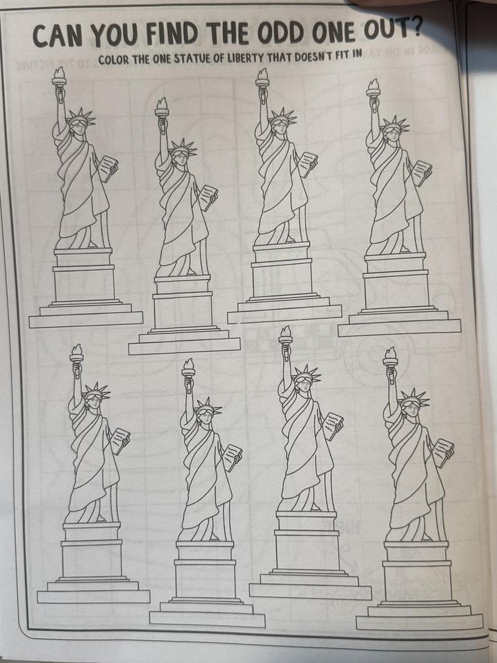 CAN YOU FIND THE ODD ONE OUT? UT OF COLOR THE ONE STATUE OF LIBERTY THAT DOESN'T FIT IN HT MI POJ