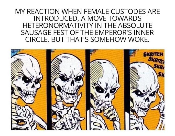 MY REACTION WHEN FEMALE CUSTODES ARE INTRODUCED, A MOVE TOWARDS HETERONORMATIVITY IN THE ABSOLUTE SAUSAGE FEST OF THE EMPEROR'S INNER CIRCLE, BUT THAT'S SOMEHOW WOKE. SKRITCH SKRITC SKR SK