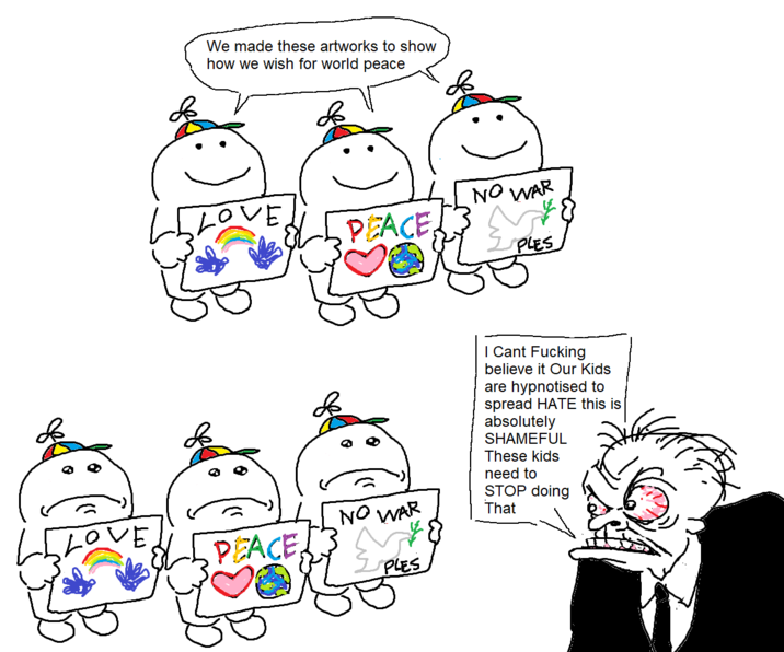 We made these artworks to show how we wish for world peace /E PEACE VE NO WAR PEACE, PLES NO WAR PLES I Cant F------ believe it Our Kids are hypnotised to spread HATE this is absolutely SHAMEFUL These kids need to STOP doing That