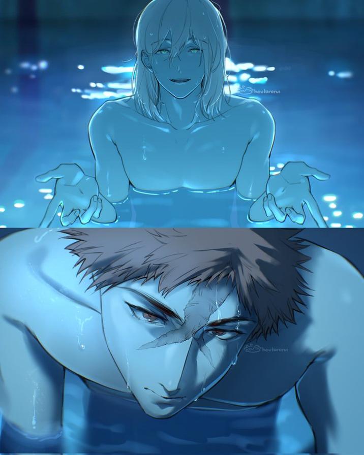 A redraw of the Chainsaw Man Reze Arc pool scene. The scene replaces the characters with KudoIchi.