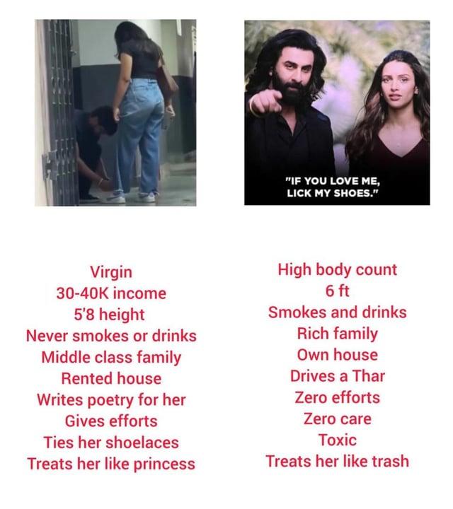 "IF YOU LOVE ME, LICK MY SHOES." Virgin 30-40K income 5'8 height Never smokes or drinks Middle class family Rented house Writes poetry for her Gives efforts Ties her shoelaces Treats her like princess High body count 6 ft Smokes and drinks Rich family Own house Drives a Thar Zero efforts Zero care Toxic Treats her like trash