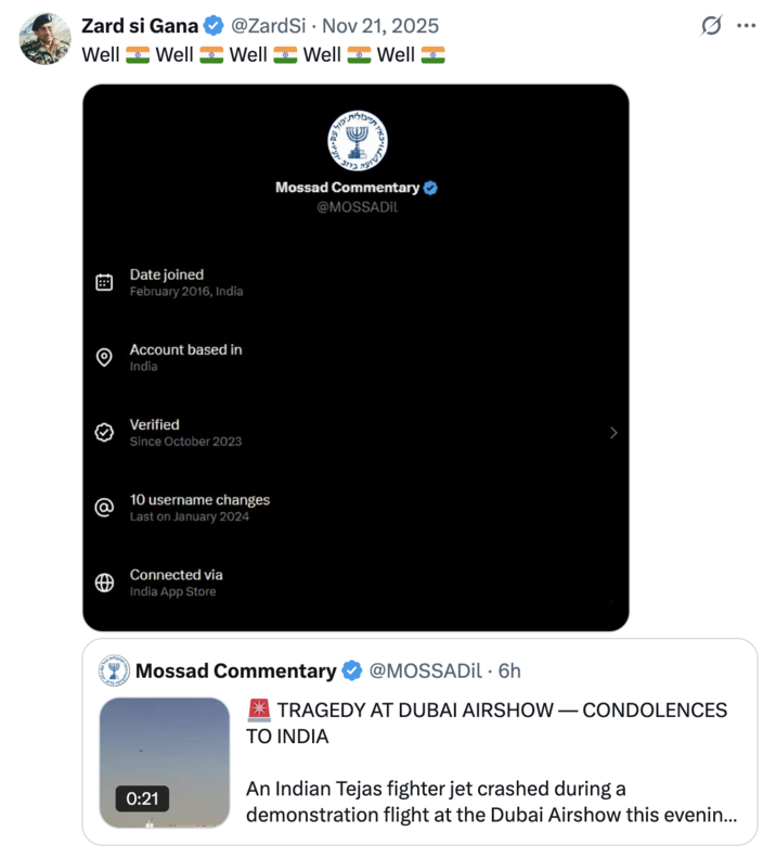 X user @ZardSi wrote, "Well 🇮🇳 Well 🇮🇳 Well 🇮🇳 Well 🇮🇳 Well 🇮🇳" alongside a screenshot showing that a "Mossad" commentary account was supposedly based in India. 