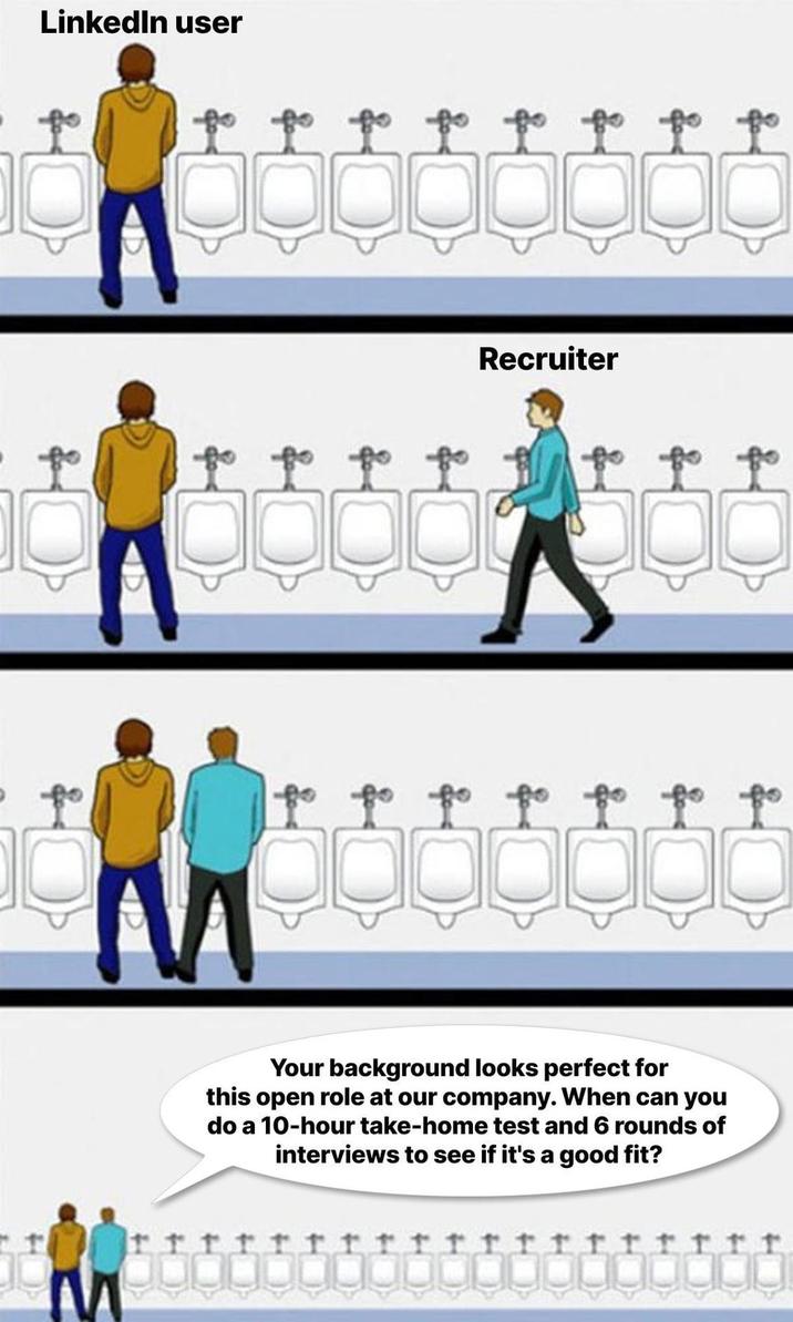 LinkedIn user to to Recruiter to to fffff f f Your background looks perfect for this open role at our company. When can you do a 10-hour take-home test and 6 rounds of interviews to see if it's a good fit?