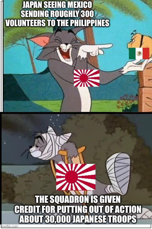 JAPAN SEEING MEXICO SENDING ROUGHLY 300 VOLUNTEERS TO THE PHILIPPINES THE SQUADRON IS GIVEN CREDIT FOR PUTTING OUT OF ACTION ABOUT 30,000 JAPANESE TROOPS imgflip.com