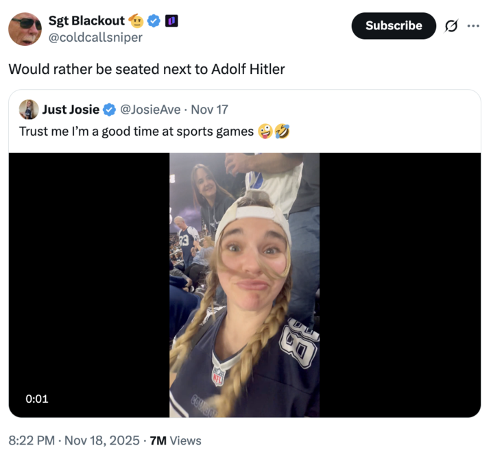 A "quote-tweet":https://knowyourmeme.com/memes/quote-retweets-qrts making fun of the Just Josie Twitter video of her dancing at a Dallas Cowboys game in November 2025.