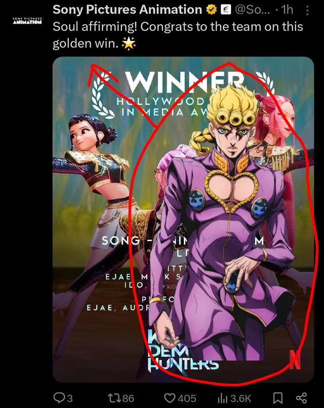 SONY PICTURES ANIMATION Sony Pictures Animation @So... 1h: Soul affirming! Congrats to the team on this golden win. * WINNER HOLLYWOOD IN MEDIA AW SONG - NIN ITT EJAE M KS IDO, PFC EJAE, AUDR DEM HUNTERS Q3 1786 405 ılı 3.6K