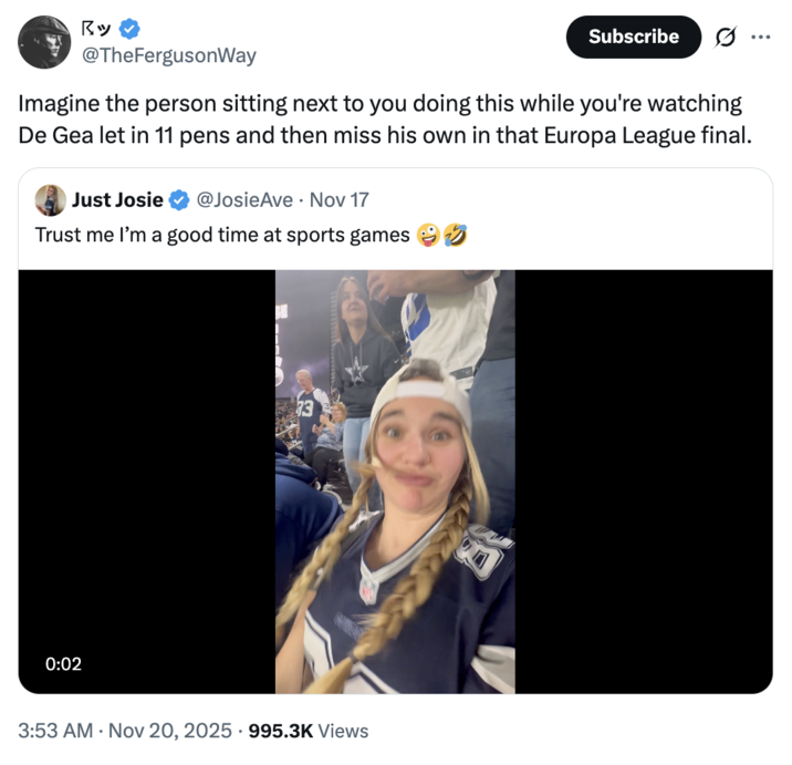 A "quote-tweet":https://knowyourmeme.com/memes/quote-retweets-qrts making fun of the Just Josie Twitter video of her dancing at a Dallas Cowboys game in November 2025.