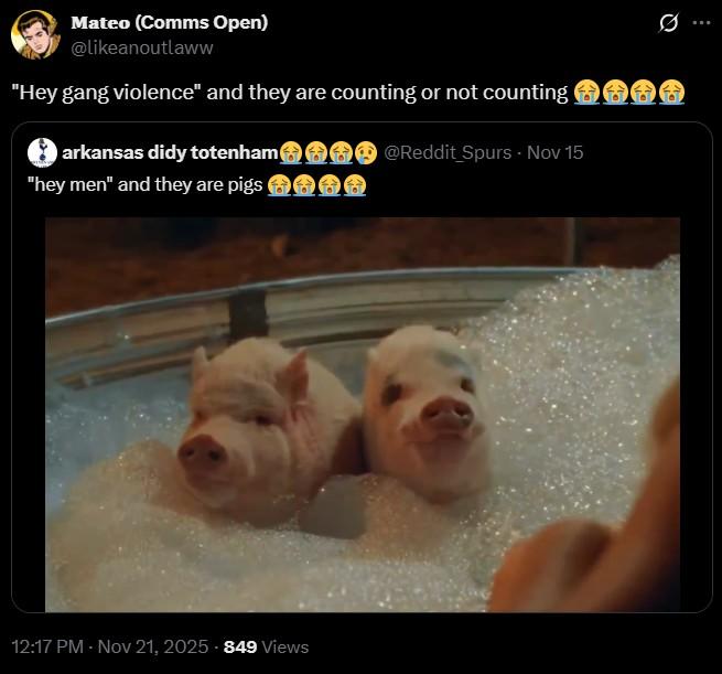 Mateo (Comms Open) @likeanoutlaww "Hey gang violence" and they are counting or not counting 6 arkansas didy totenham "hey men" and they are pigs @Reddit Spurs - Nov 15 12:17 PM - Nov 21, 2025 -849 Views