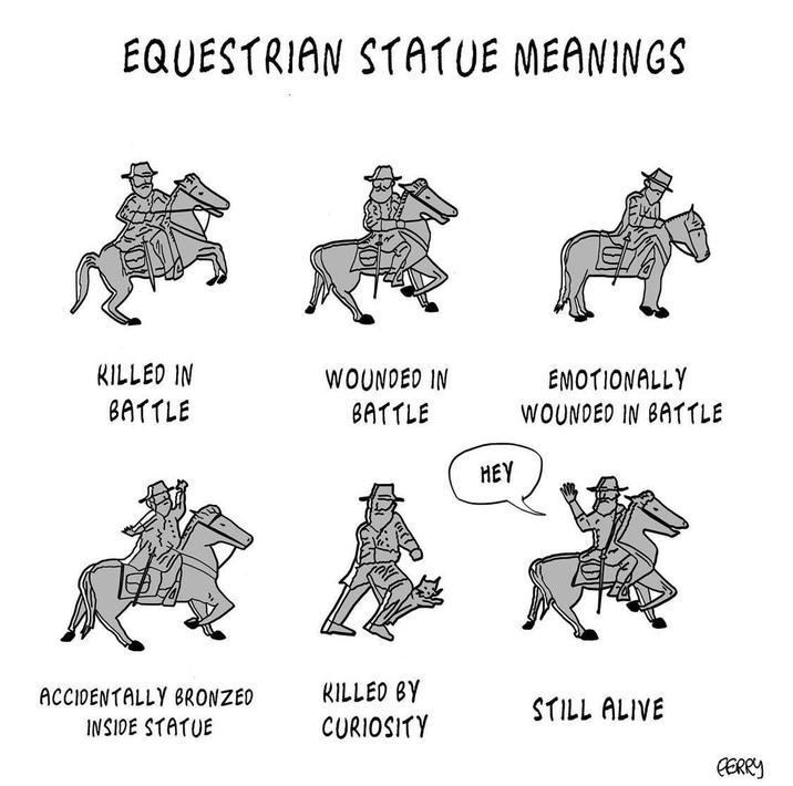 EQUESTRIAN STATUE MEANINGS RILLED IN BATTLE WOUNDED IN BATTLE EMOTIONALLY WOUNDED IN BATTLE HEY ACCIDENTALLY BRONZED INSIDE STATUE KILLED BY CURIOSITY STILL ALIVE GERRY